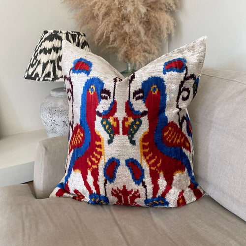 IKAT cushion cover - Red and Blue Birds- Velvet -  60 x 60 cm