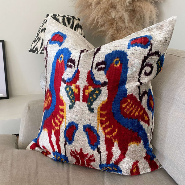 IKAT cushion cover - Red and Blue Birds- Velvet -  60 x 60 cm