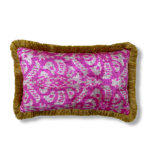Double Sided Silk and Velvet Ikat cushion cover with fringe -Pink Velvet- 40 x 60 cm