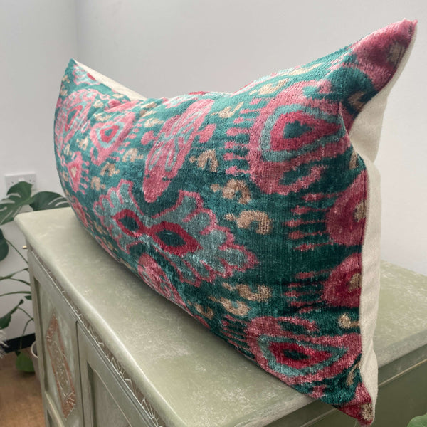 IKAT cushion cover - Petrol Green and Pink Velvet-  40 x 90 cm