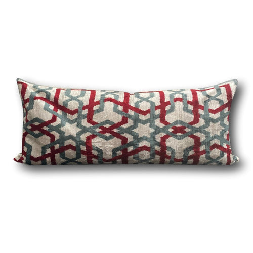 IKAT cushion cover - Lumbar Red and Grey Velvet- 40 x 90 cm