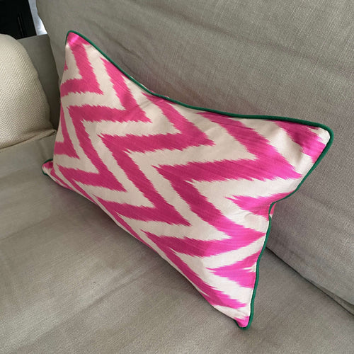 Double sided IKAT cushion cover -  Hot Pink Chevron with Green Piping 30 x 50 cm