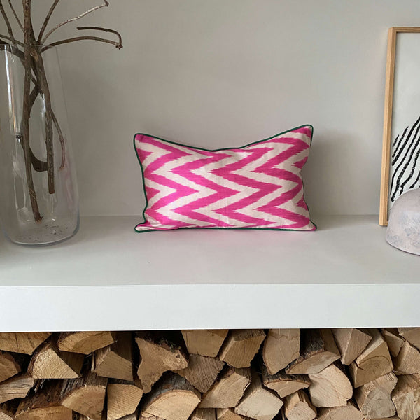 Double sided IKAT cushion cover -  Hot Pink Chevron with Green Piping 30 x 50 cm