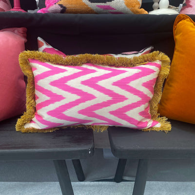 Double Sided Silk and Velvet Ikat cushion cover with fringe -Pink Velvet- 30 x 50 cm