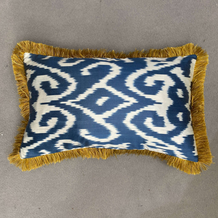 Ikat cushion cover with fringe -Blue- 30 x 50 cm