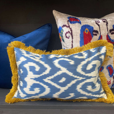 Ikat cushion cover with fringe -Blue- 30 x 50 cm