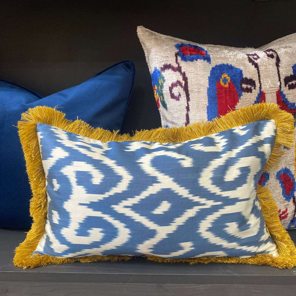 Ikat cushion cover with fringe -Blue- 30 x 50 cm