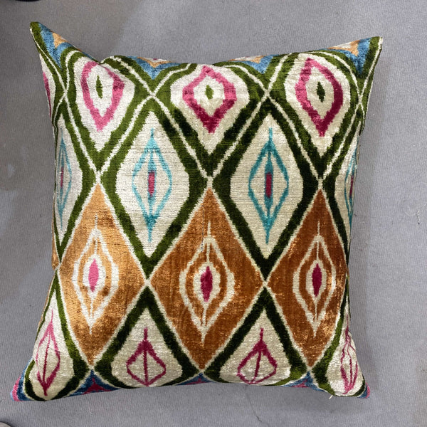 IKAT cushion cover - Green Brown and Pink Velvet -  60 x 60 cm