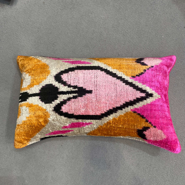 Double Sided Ikat cushion cover with piping -Pink Orange Velvet- 30 x 50 cm