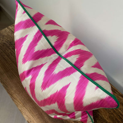 Double Sided IKAT cushion cover - Pink Zigzag with Green Piping - 40 x 40 cm