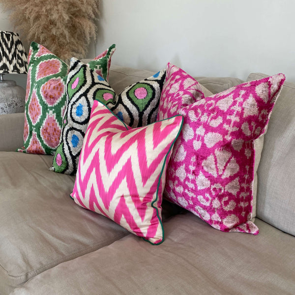 IKAT cushion cover - Pink and Green- Velvet -  60 x 60 cm