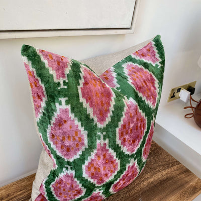 IKAT cushion cover - Pink and Green- Velvet -  60 x 60 cm