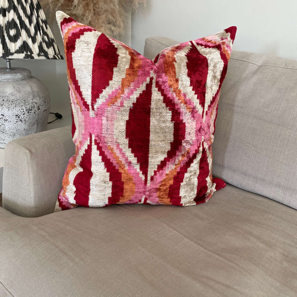 IKAT cushion cover - Bright Pink Red and Orange- Velvet -  60 x 60 cm