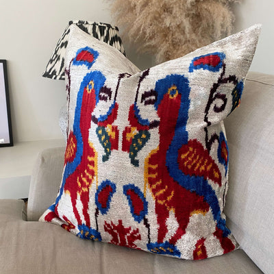 IKAT cushion cover - Red and Blue Birds- Velvet -  60 x 60 cm