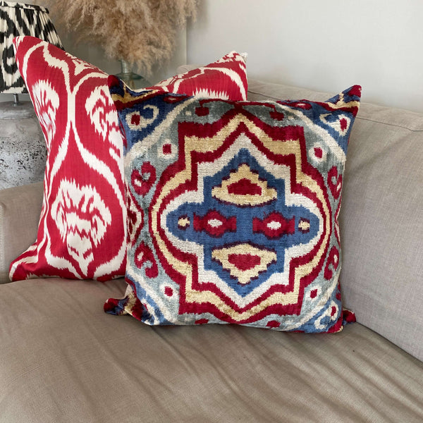 IKAT cushion cover -Red, Blue Star - Velvet -  50 x 50 cm