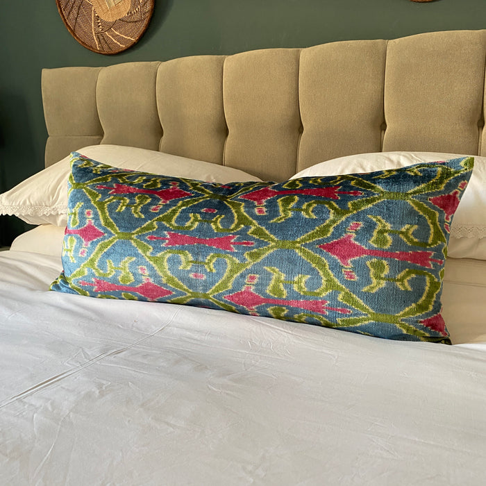 IKAT cushion cover - Blue Green and Pink Velvet-  40 x 90 cm