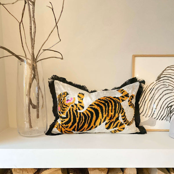 Tiger Ikat Velvet cushion cover with black fringe - 40 x 60 cm