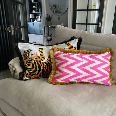 Tiger Ikat Velvet cushion cover with black fringe - 40 x 60 cm