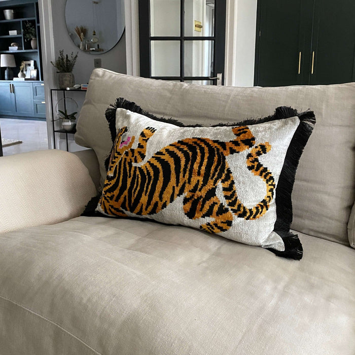 Tiger Ikat Velvet cushion cover with black fringe - 40 x 60 cm