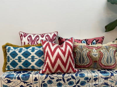 Double Sided IKAT cushion cover - Red Zigzag with Blue Piping - 40 x 40 cm