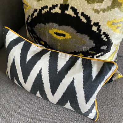 IKAT cushion cover -  Double Sided Black Zigzag with Yellow Piping 25 x 40 cm