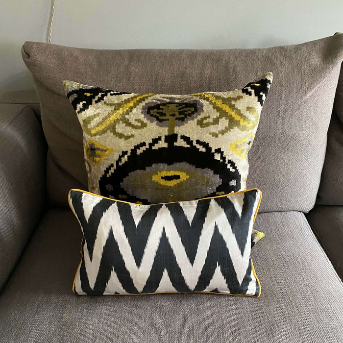 IKAT cushion cover -  Double Sided Black Zigzag with Yellow Piping 25 x 40 cm