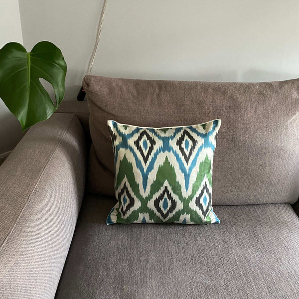 IKAT cushion cover - Green and Blue Diamonds - 40 x 40 cm