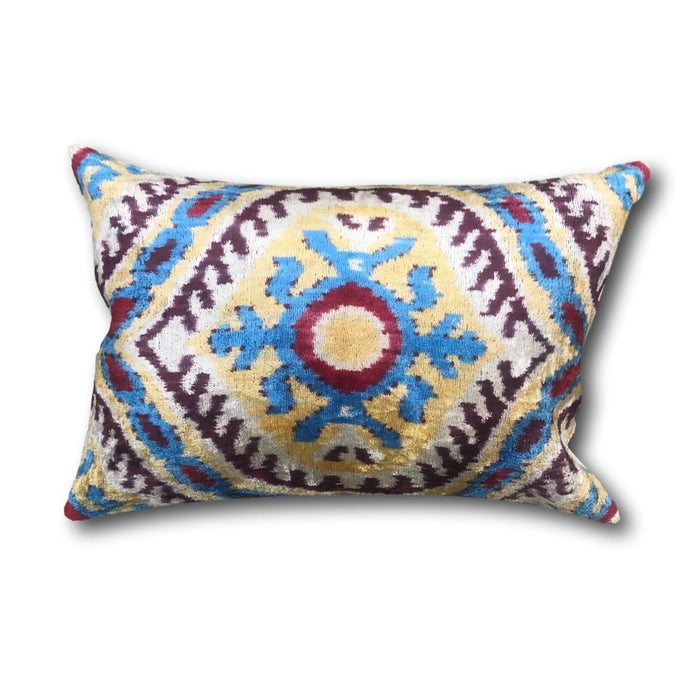 Velvet IKAT cushion cover - Blue Red and Yellow Eye - 40 x 60 cm