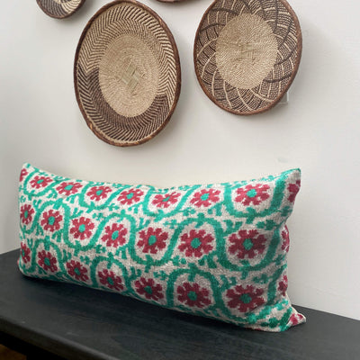 IKAT cushion cover - Lumbar Green and Red Velvet-  40 x 90 cm