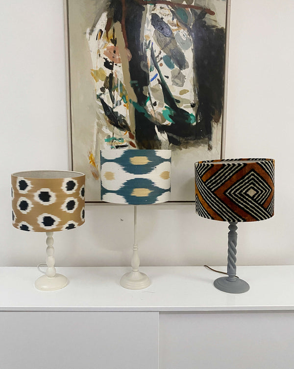 Handmade Ikat Lampshade - Teal and Yellow - Dia 30 cm