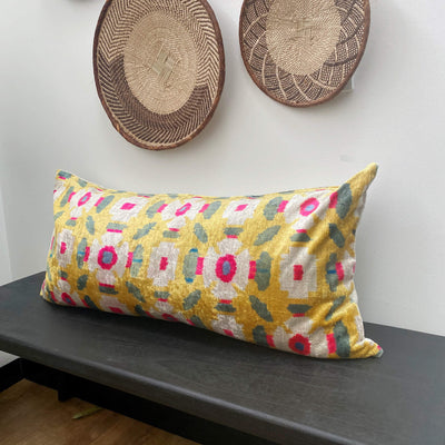 IKAT cushion cover - Lumbar Yellow Velvet-  40 x 90 cm