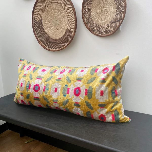 IKAT cushion cover - Lumbar Yellow Velvet-  40 x 90 cm