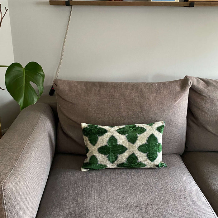 Forest Green Clover Velvet IKAT cushion cover - 30 x 50 cm