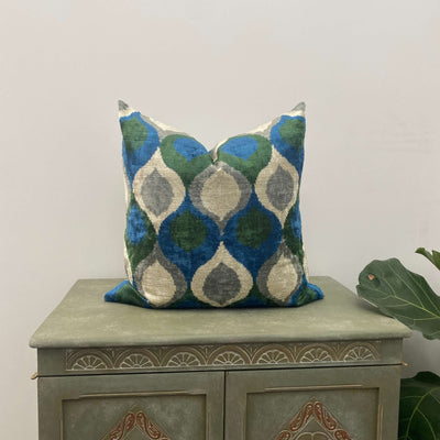 Double Sided IKAT cushion cover - Blue and Green Velvet -  60 x 60 cm