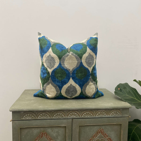 Double Sided IKAT cushion cover - Blue and Green Velvet -  60 x 60 cm