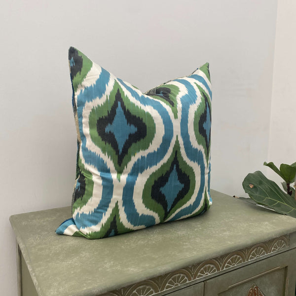 Double Sided IKAT cushion cover - Blue and Green Velvet -  60 x 60 cm