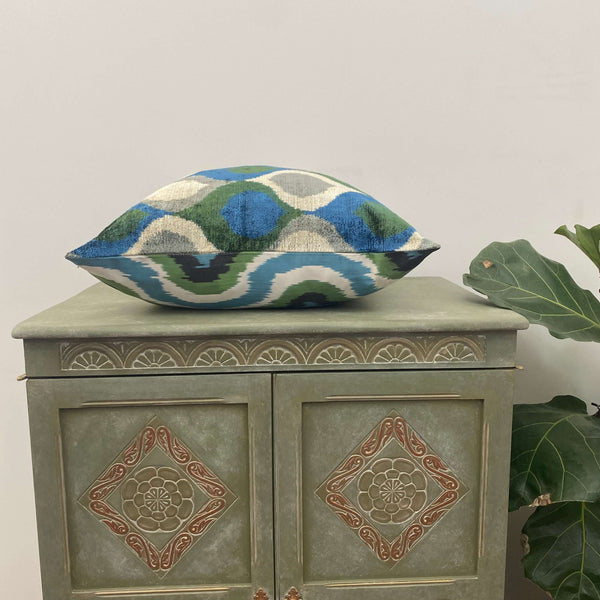 Double Sided IKAT cushion cover - Blue and Green Velvet -  60 x 60 cm