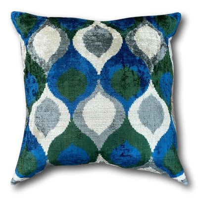 Double Sided IKAT cushion cover - Blue and Green Velvet -  60 x 60 cm