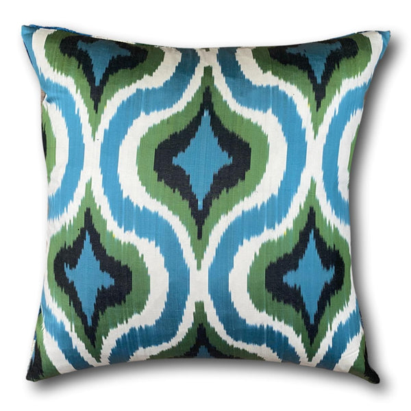 Double Sided IKAT cushion cover - Blue and Green Velvet -  60 x 60 cm