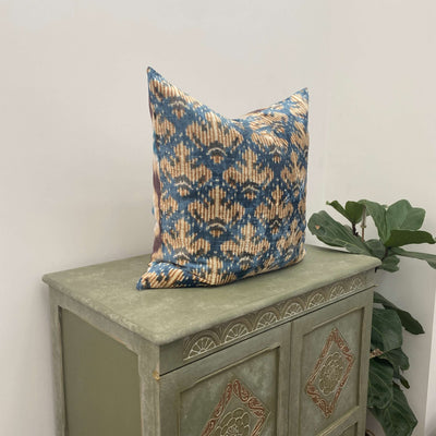 Double Sided IKAT cushion cover - Blue and Brown Velvet -  60 x 60 cm