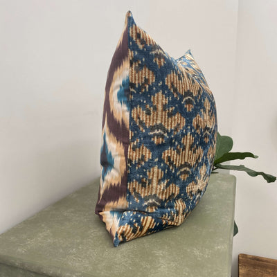 Double Sided IKAT cushion cover - Blue and Brown Velvet -  60 x 60 cm