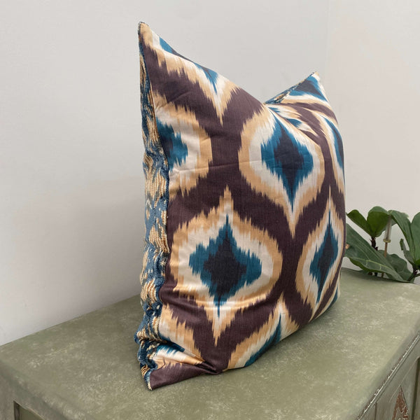 Double Sided IKAT cushion cover - Blue and Brown Velvet -  60 x 60 cm