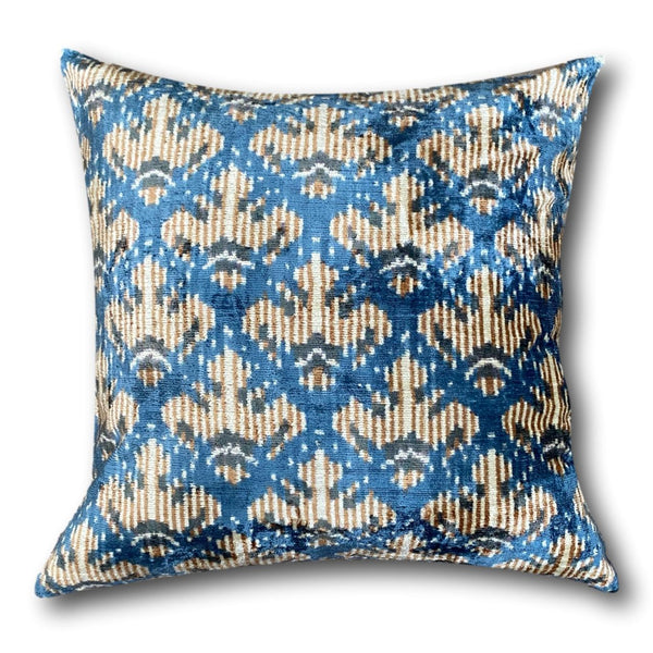 Double Sided IKAT cushion cover - Blue and Brown Velvet -  60 x 60 cm