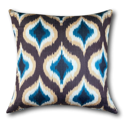 Double Sided IKAT cushion cover - Blue and Brown Velvet -  60 x 60 cm