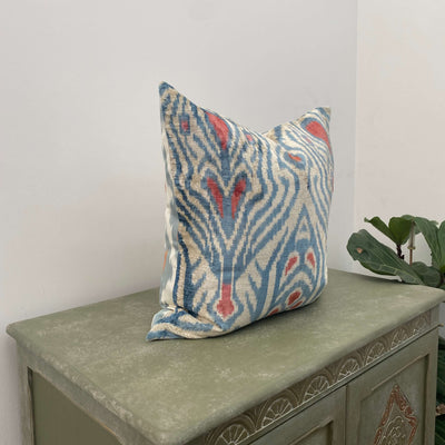 Double Sided Blue and Orange Silk and Velvet IKAT cushion cover - 50 x 50 cm