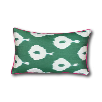Double sided IKAT cushion cover -  Green ikat with Pink Piping 30 x 50 cm