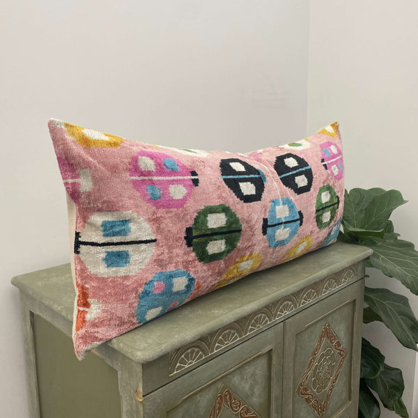 IKAT cushion cover - Lumbar Pink Lady Bug Velvet-  40 x 90 cm