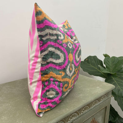 Double Sided Orange and Pink Velvet silk IKAT cushion cover - 50 x 50 cm