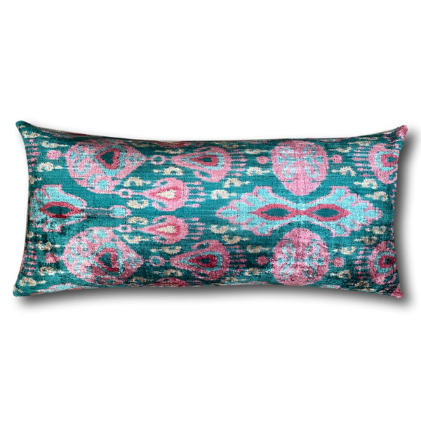 IKAT cushion cover - Petrol Green and Pink Velvet-  40 x 90 cm