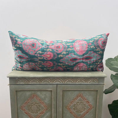 IKAT cushion cover - Petrol Green and Pink Velvet-  40 x 90 cm